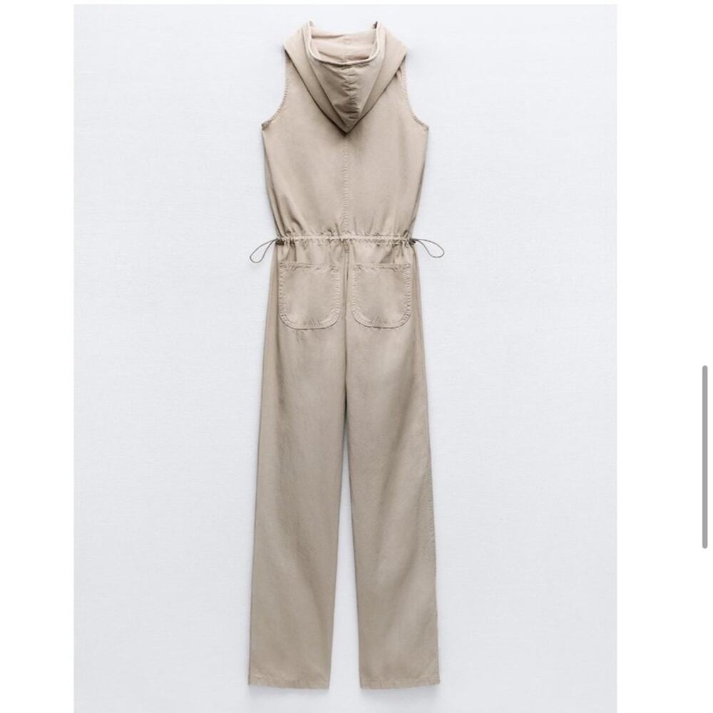 Zara Sleeveless Hooded Jumpsuit Khaki Size Large Trending Y2K Utility - Picture 3 of 8